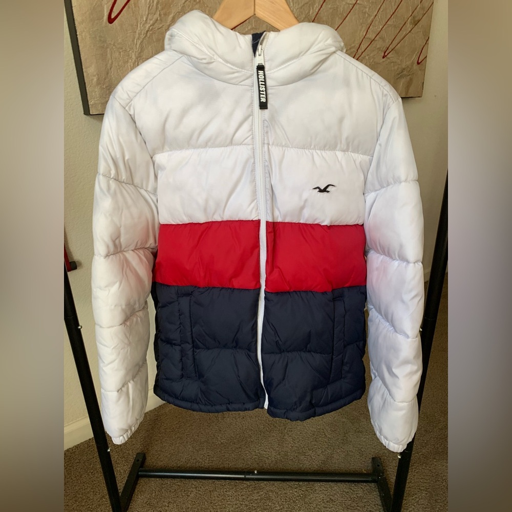 Hollister Kids Tri-Color Puffer Jacket - White, Red, Navy